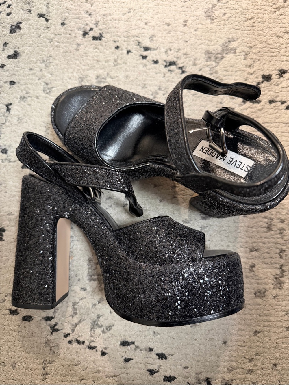 Steve Madden Black Glitter Platform Heels with Ankle Strap